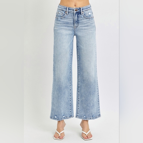 RISEN Full Size Mid Rise Crop Wide Raw Cut Hem Jeans Plus Size